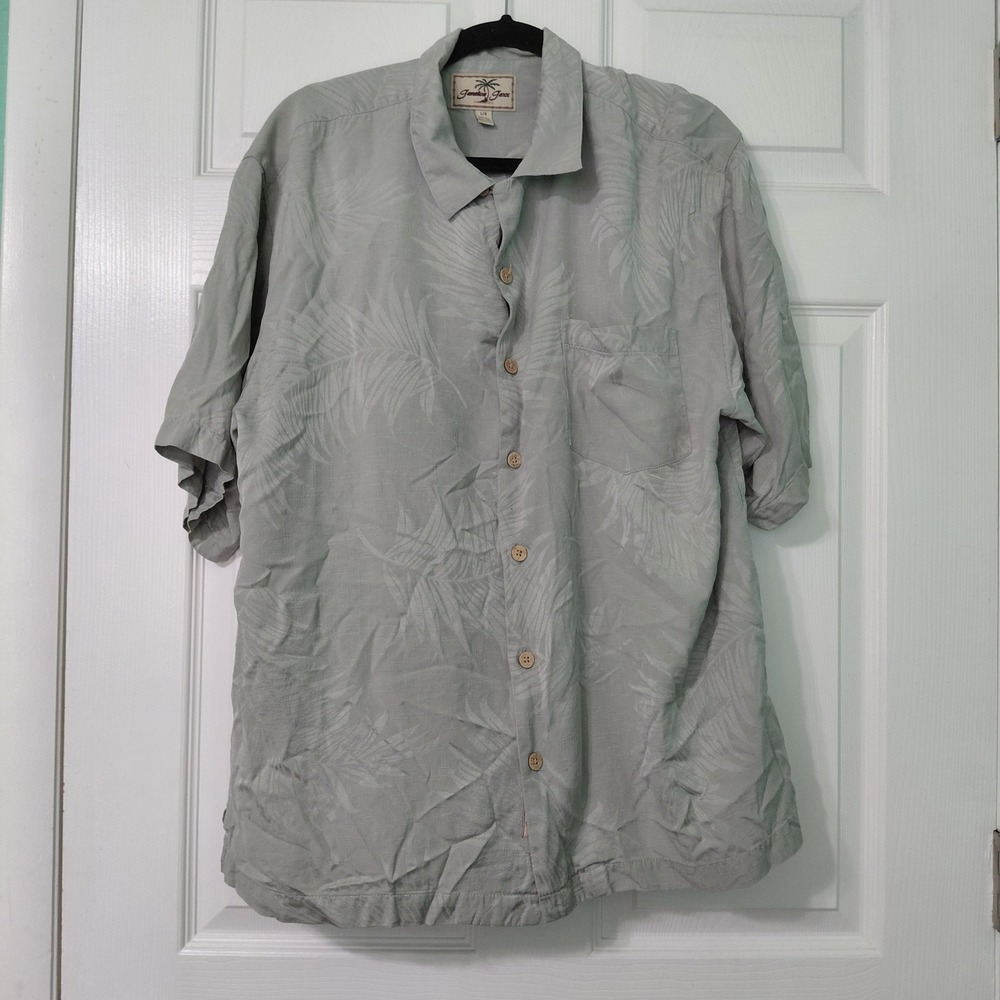 Jamaica Jaxx Mens Large 100% Silk Sage Green Tropical Palm Leaf Camp Shirt L